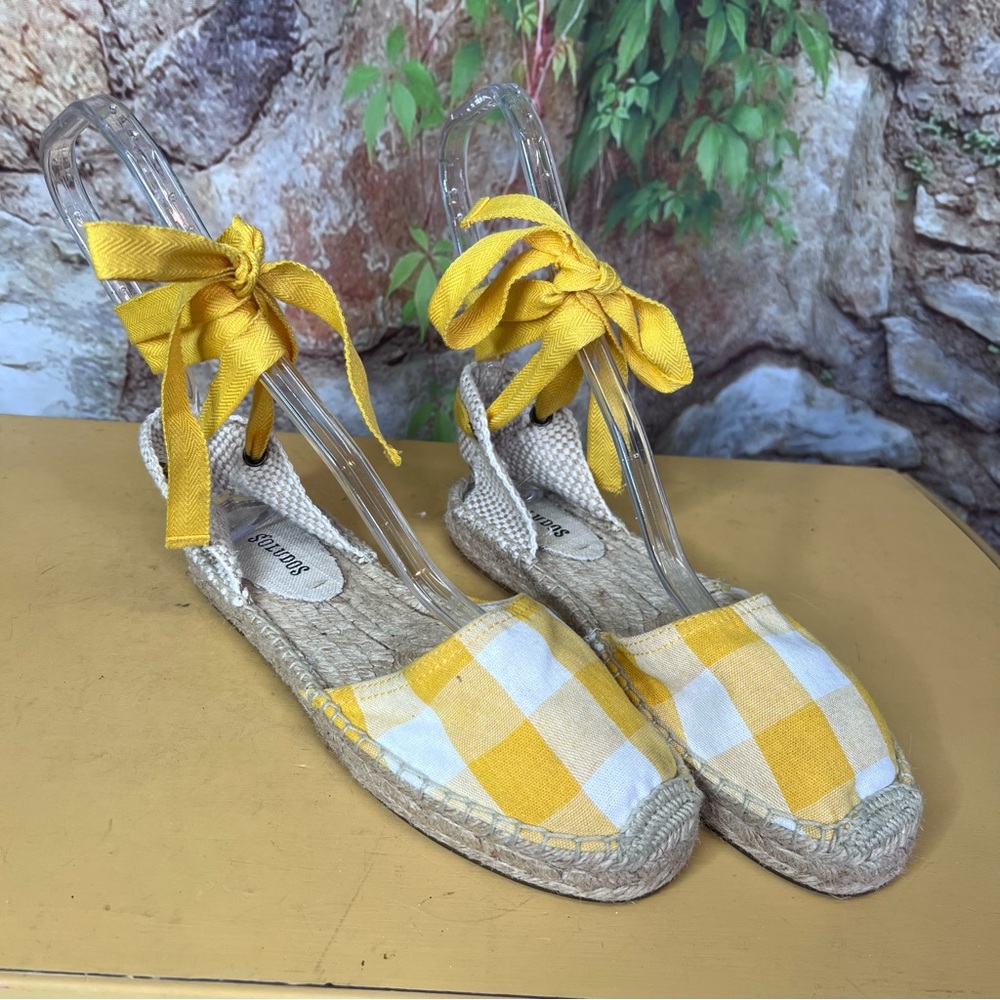 SOLUDOS Nautical Yellow/White Buffalo Check Lace-Up Espadrille Sandals, 7.5/38 - Picture 6 of 11